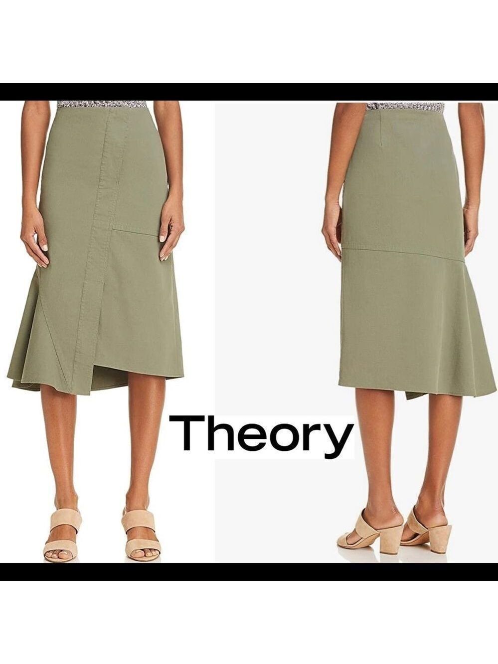𝅺THEORY Reconstructed Side Slit Asymmetric Midi Skirt
Faded army green Sz 6